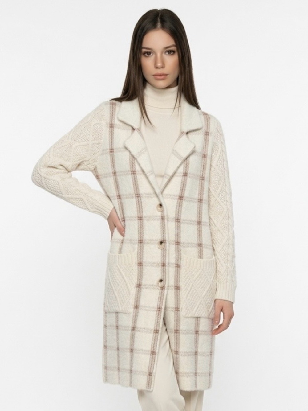 Love Token Cream and Brown Plaid Long Cardigan
